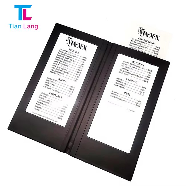 Unique design black PU leather menu book 2 view food display LED lighted restaurant menu