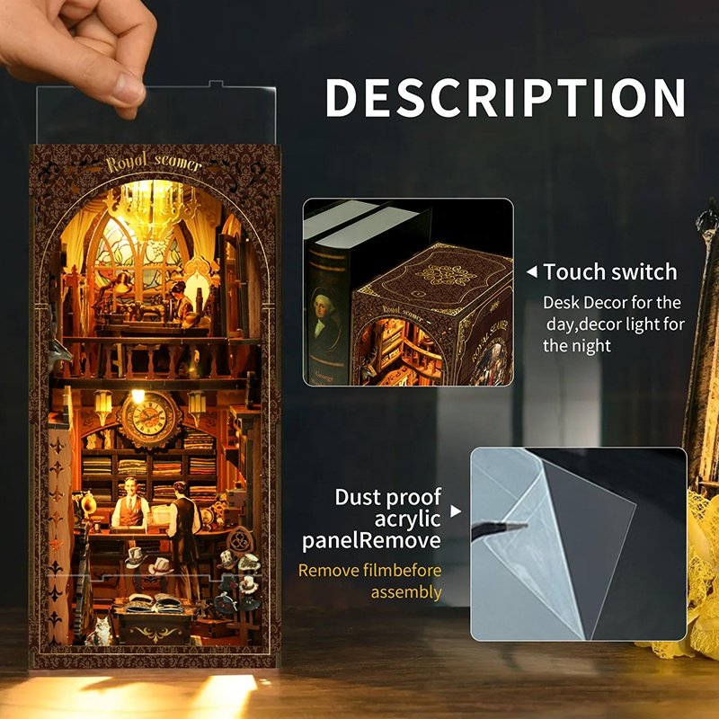 Hot selling laser cut assembled custom wooden puzzle Library decoration wooden diy house miniature book nook kit