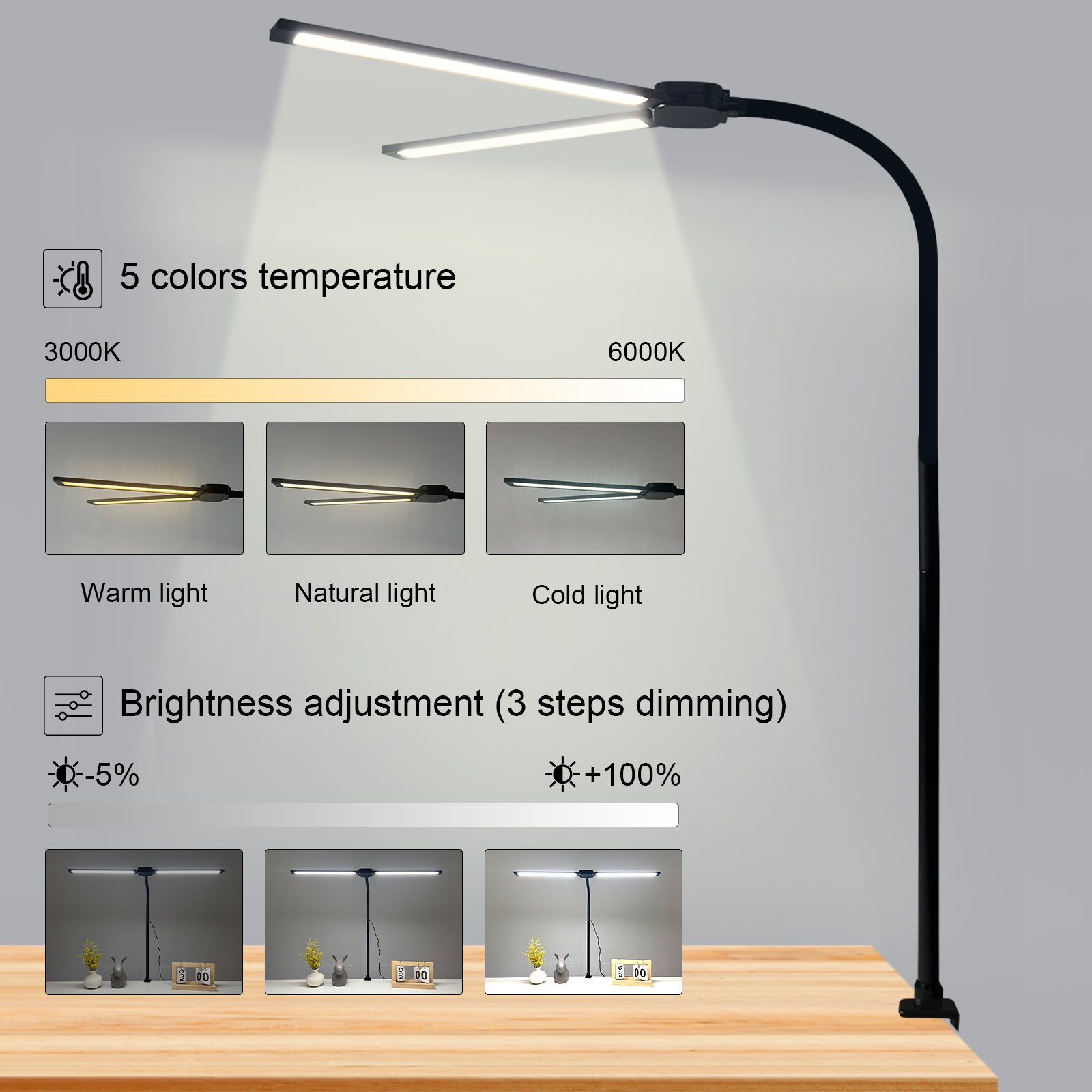Table reading lamp book light for study desk with metal clip 3 Steps Dimming daylight flexible easy clip night reading lamp