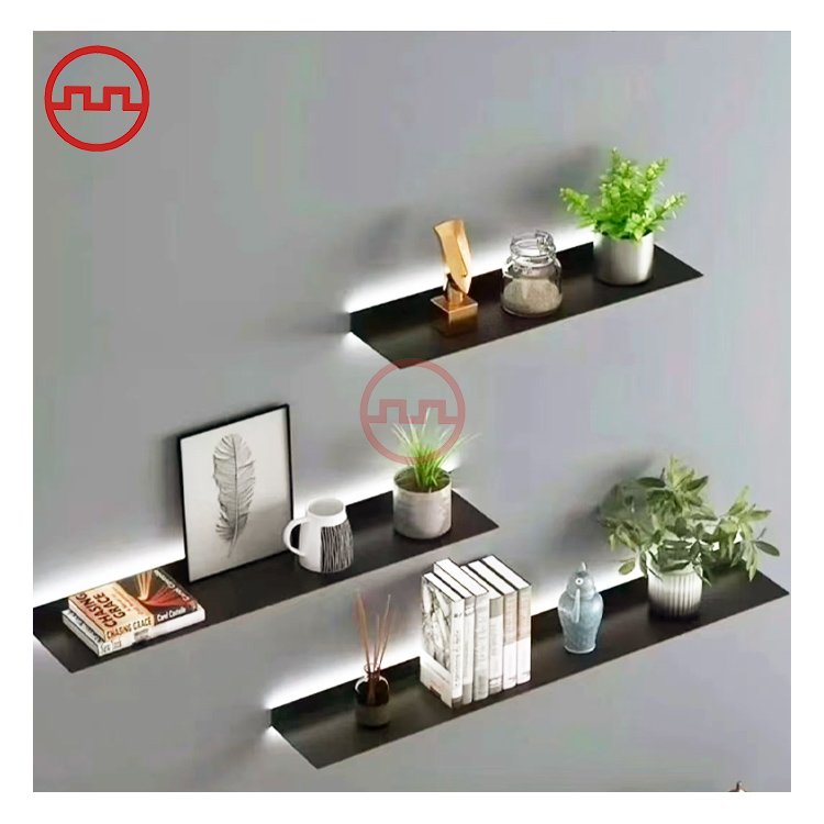 Living room decor wall mounted led light metal floating shelves aluminum display rack