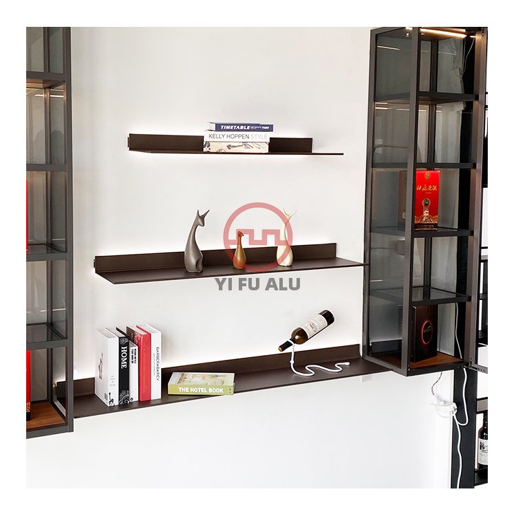Living room decor wall mounted led light metal floating shelves aluminum display rack