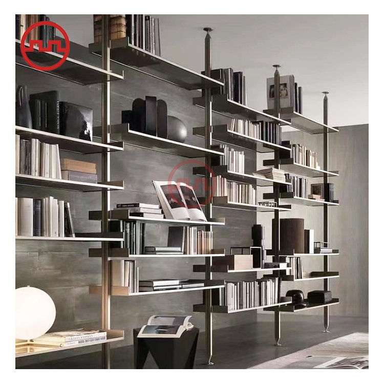 Modern custom design aluminum column pole bookcase open multi-layer bookcase metal frame locker