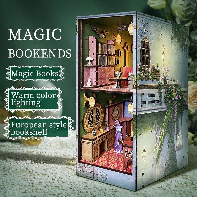 Y-TOP Hot Sale Magic Pharmacist House Wood Book Nook Kit 3D Wooden Puzzle DIY Miniature Dollhouse LED Light Custom Bookend