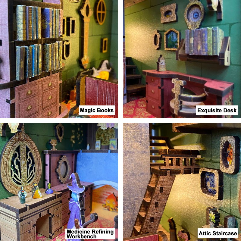 Y-TOP Hot Sale Magic Pharmacist House Wood Book Nook Kit 3D Wooden Puzzle DIY Miniature Dollhouse LED Light Custom Bookend