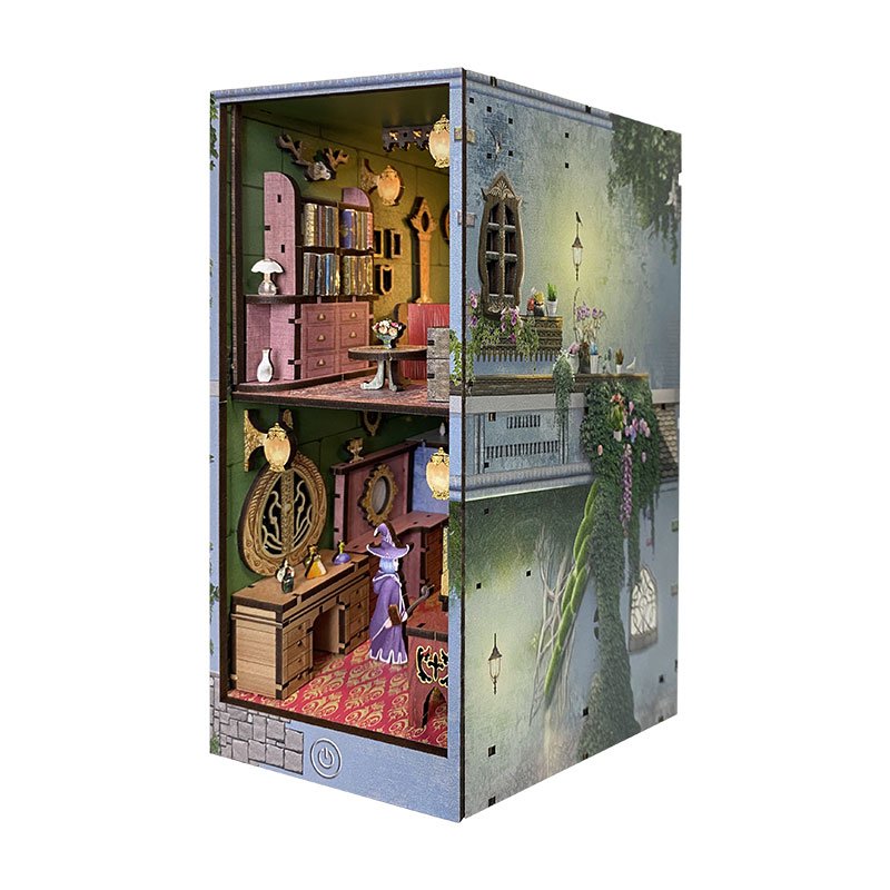 Y-TOP Hot Sale Magic Pharmacist House Wood Book Nook Kit 3D Wooden Puzzle DIY Miniature Dollhouse LED Light Custom Bookend