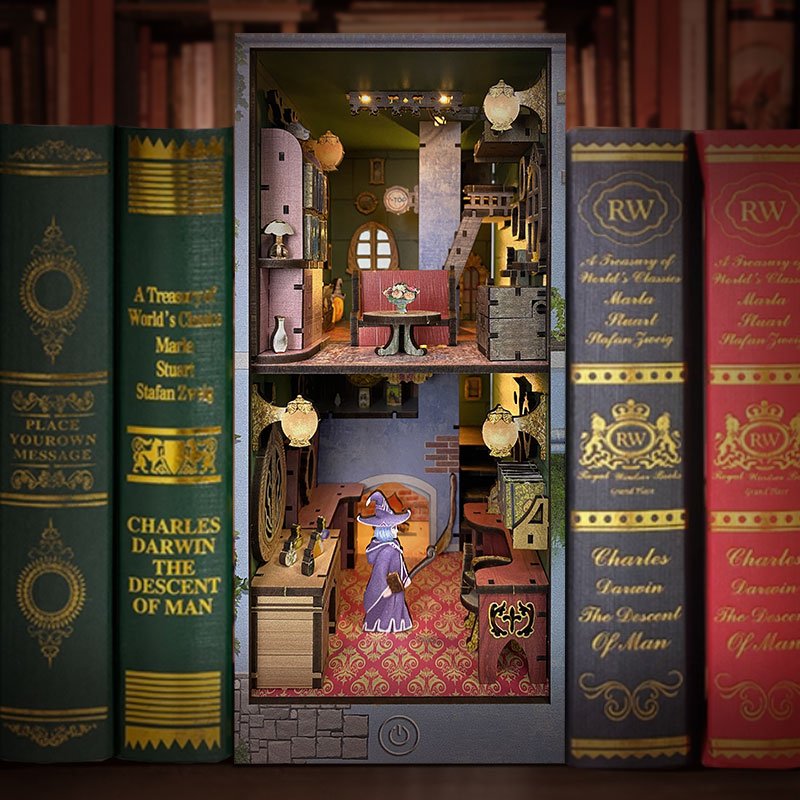 Y-TOP Hot Sale Magic Pharmacist House Wood Book Nook Kit 3D Wooden Puzzle DIY Miniature Dollhouse LED Light Custom Bookend