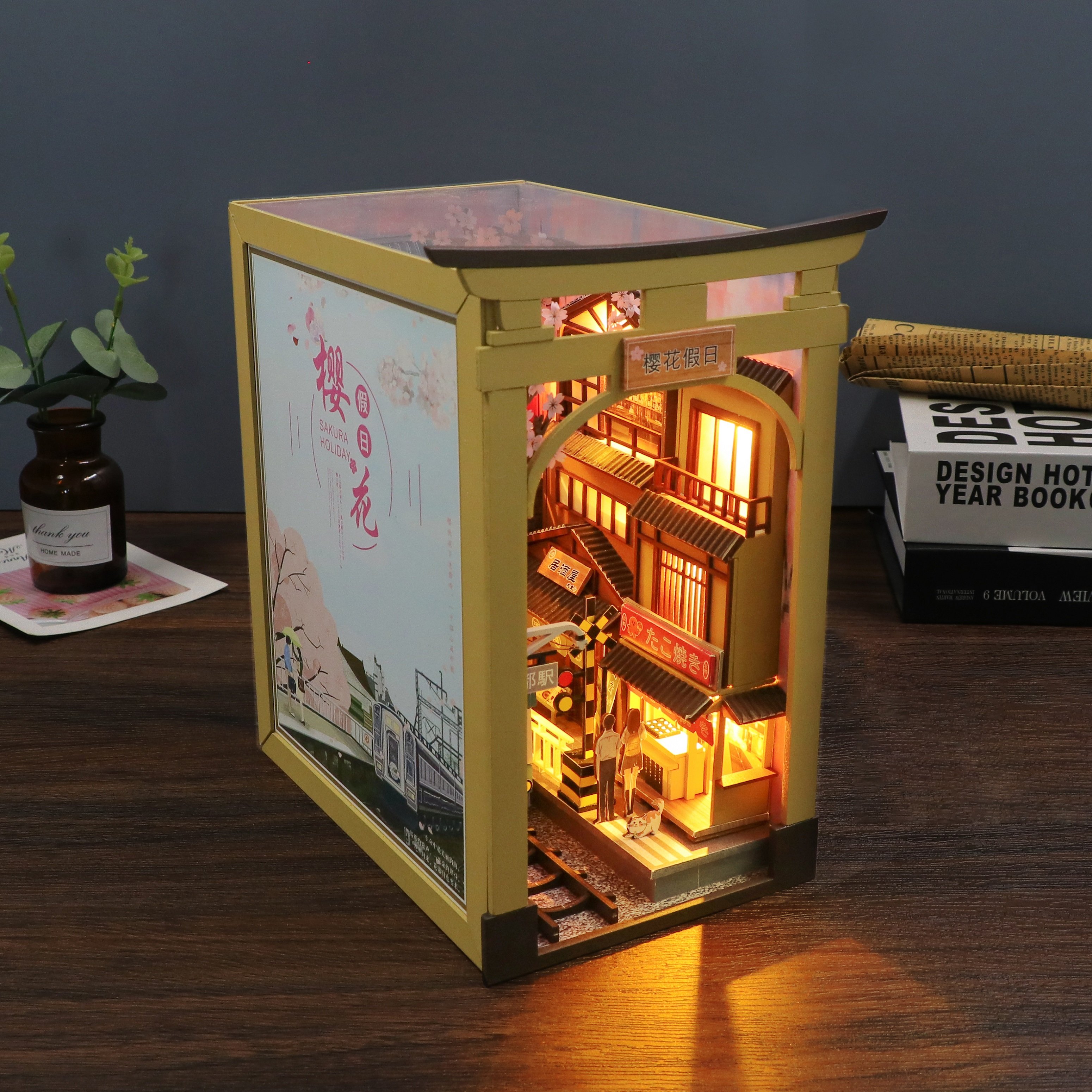 Hongda M2211 Sakura holiday Handmade Japanese Style Miniature Diy Book Nook Wooden Book Nook Kit With Light