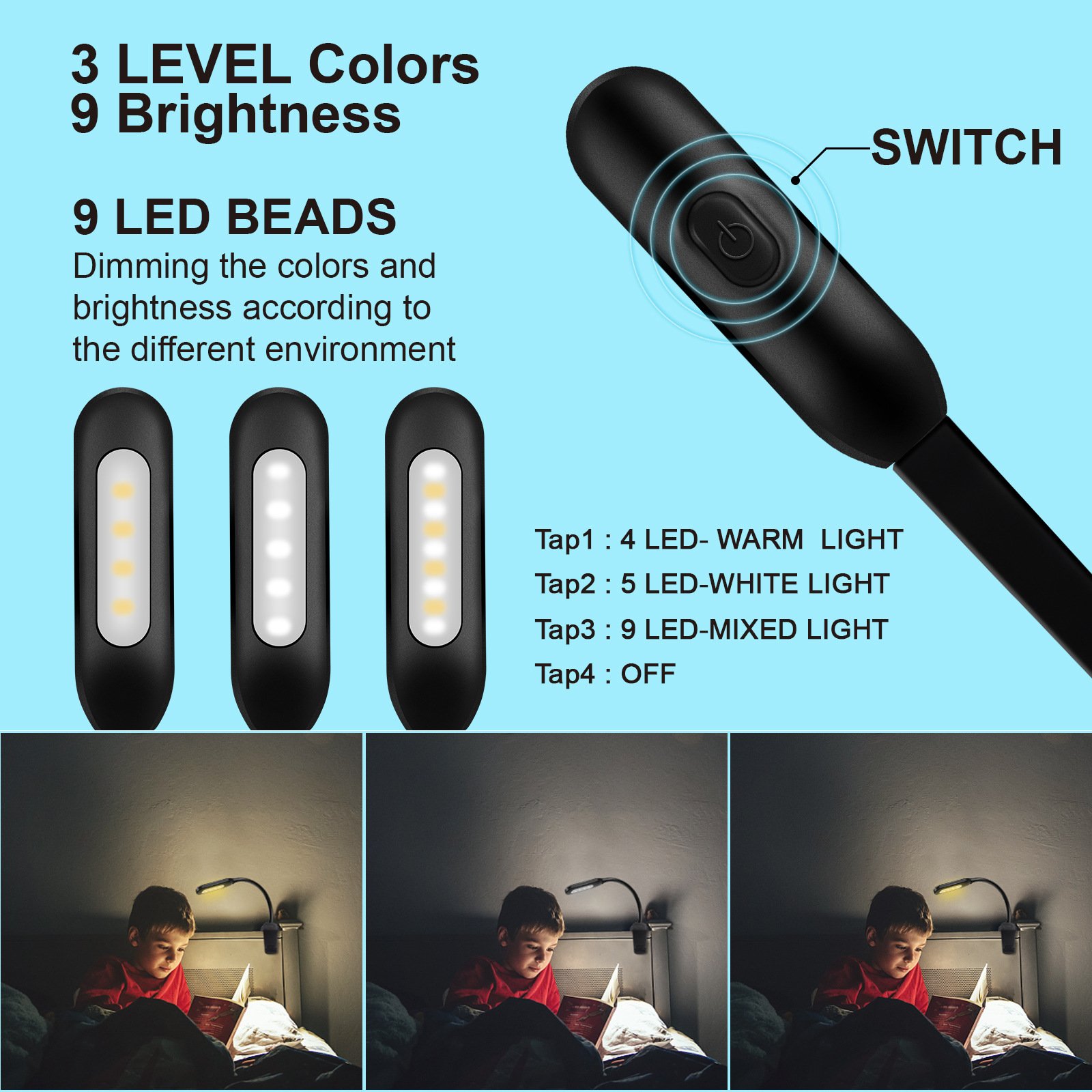 Type-C Rechargeable 9led 3CCT dimmer color led reading book light