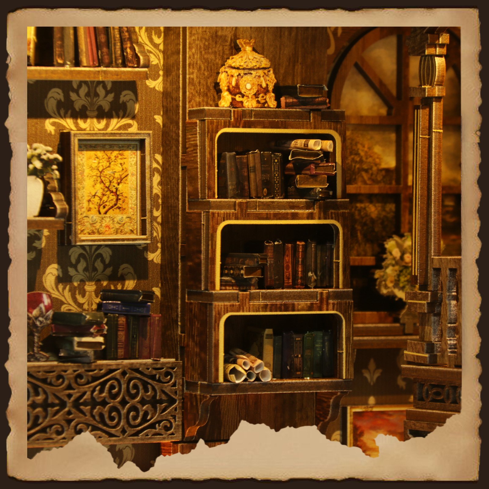 Manufacturer 3D wooden puzzle Antique book collection room story wooden book nook kit city with function