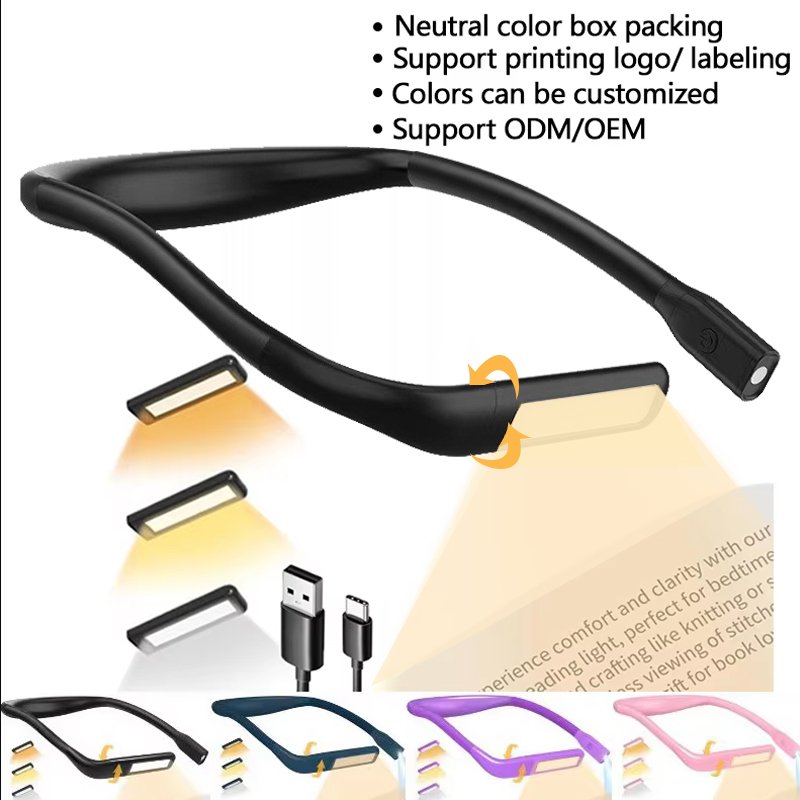 New Product Ideas 2024 OEM Logo Custom LED Neck Reading Light 3 Colors Brightness Adjustable Rechargeable Neck Book Reading Lamp