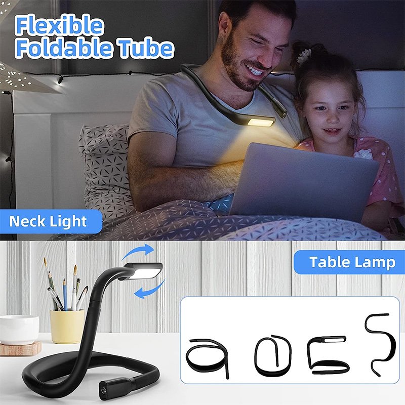 New Product Ideas 2024 OEM Logo Custom LED Neck Reading Light 3 Colors Brightness Adjustable Rechargeable Neck Book Reading Lamp