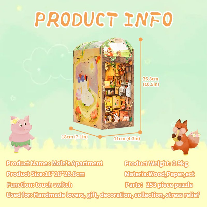 Cutebee 3D Wooden Puzzle DIY Crafts Touch Sensor on Led Light Night Light Mole's Apartment Book Nook Kit Use as Birthday Gifts