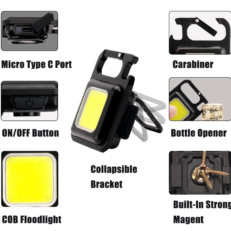 Mini Rechargeable Portable Pocket Cob Work Light Magnetic Inspection Light Opener Torch Keychain Lamp LED Camping Flashlight
