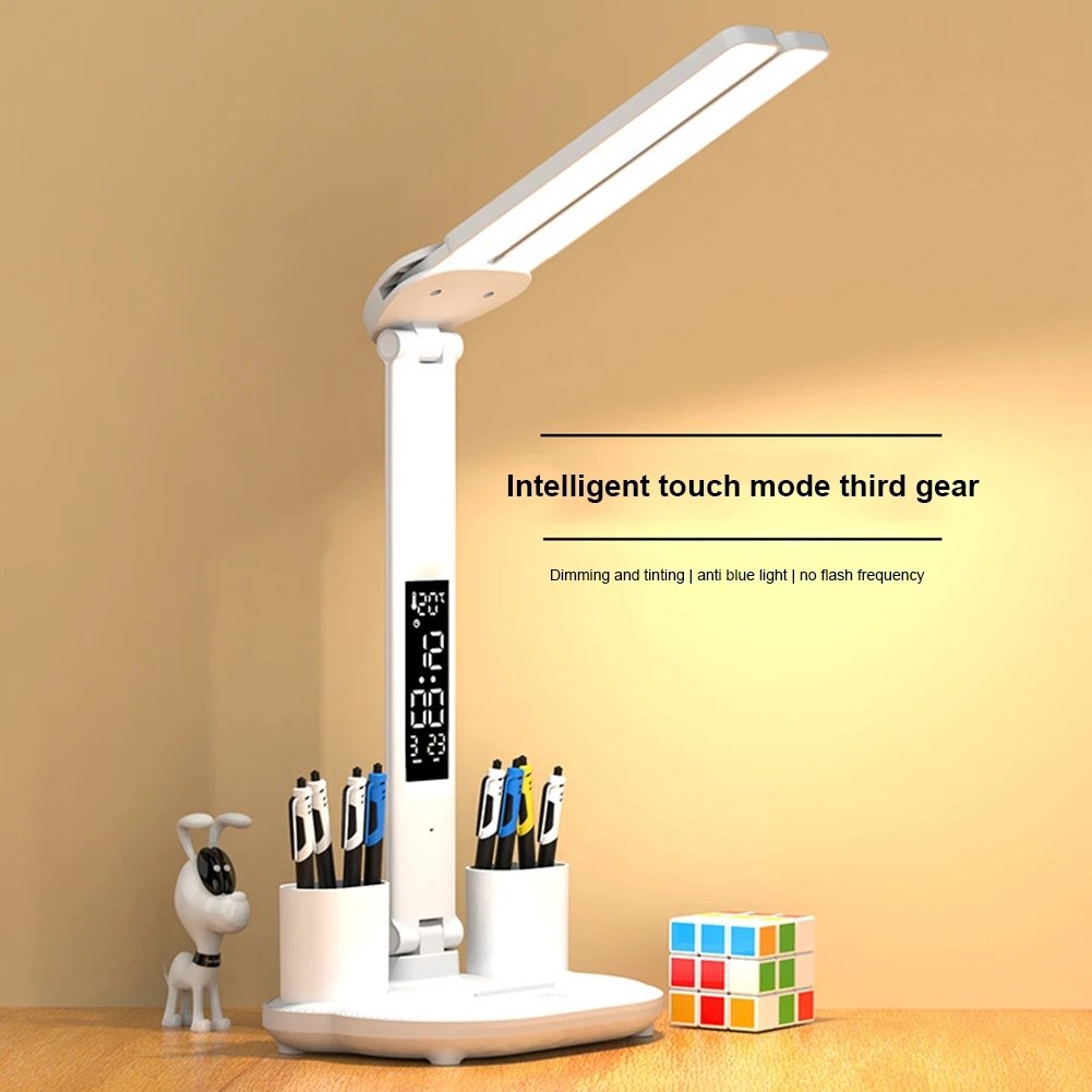 Double head USB Dimmable LED Desk Lamps Touch Foldable Table lights with Calendar Temperature Night Light for Study Reading Lamp