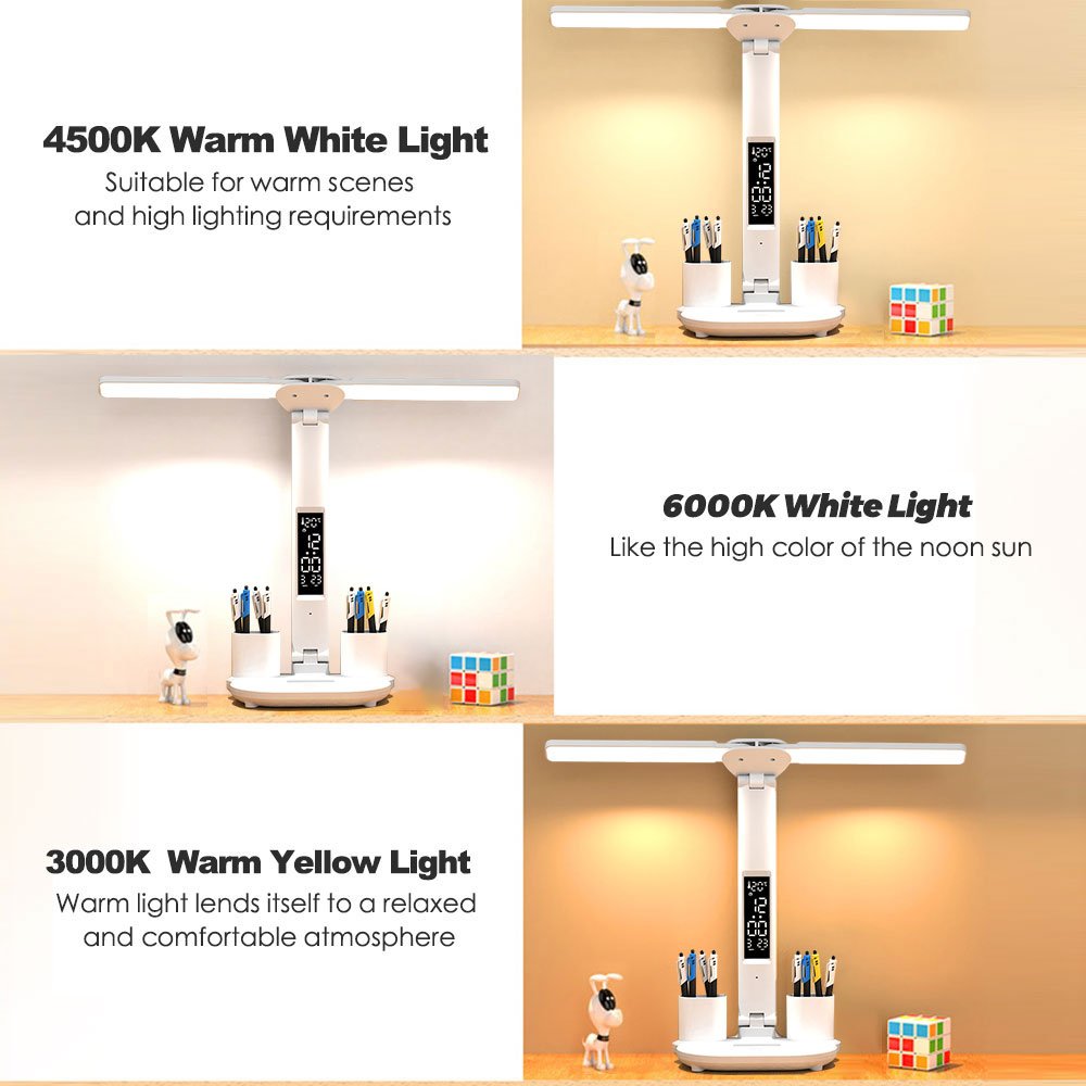 Double head USB Dimmable LED Desk Lamps Touch Foldable Table lights with Calendar Temperature Night Light for Study Reading Lamp