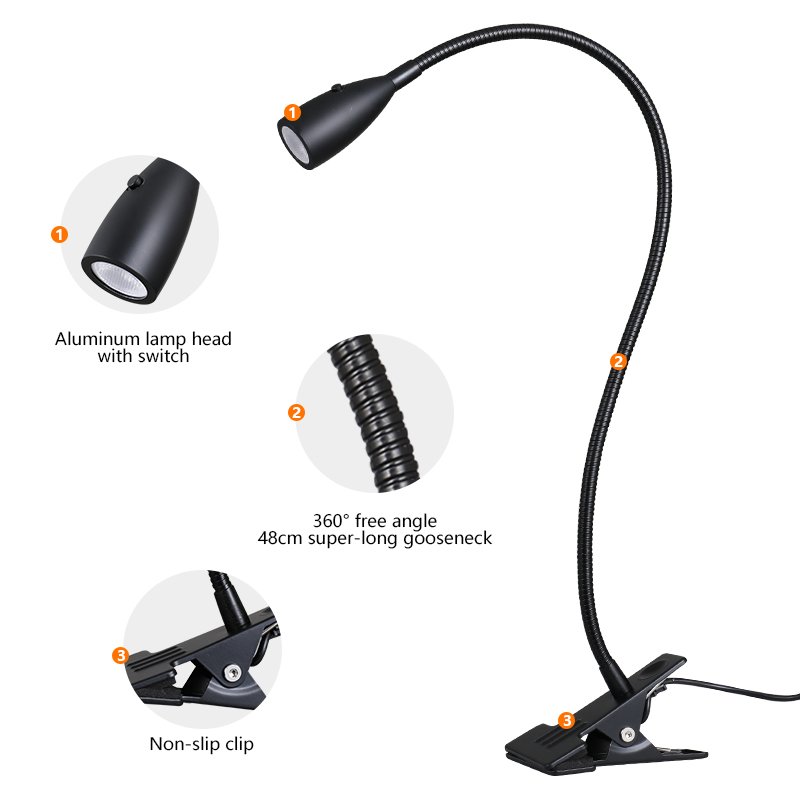 LED clamp table lamp with clip desk light for reading books gooseneck
