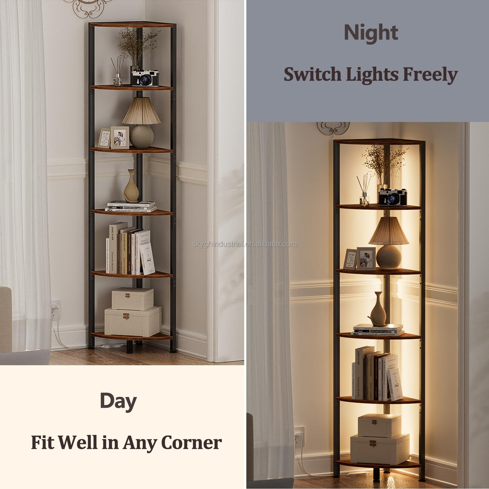 Customized led wooden display corner stand design metal cabinet living room bedroom shelf book toy curio corner wall bracket