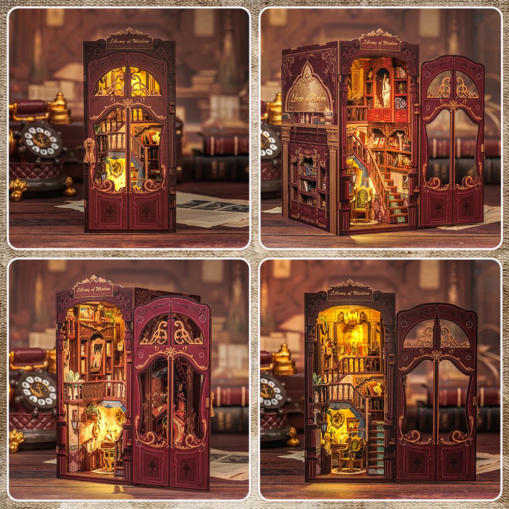 CuteBee New Style 3D Wooden Puzzle Bookshelf Exquisite Decoration Diy Assembled Book Nook with LED Night Light Bookend