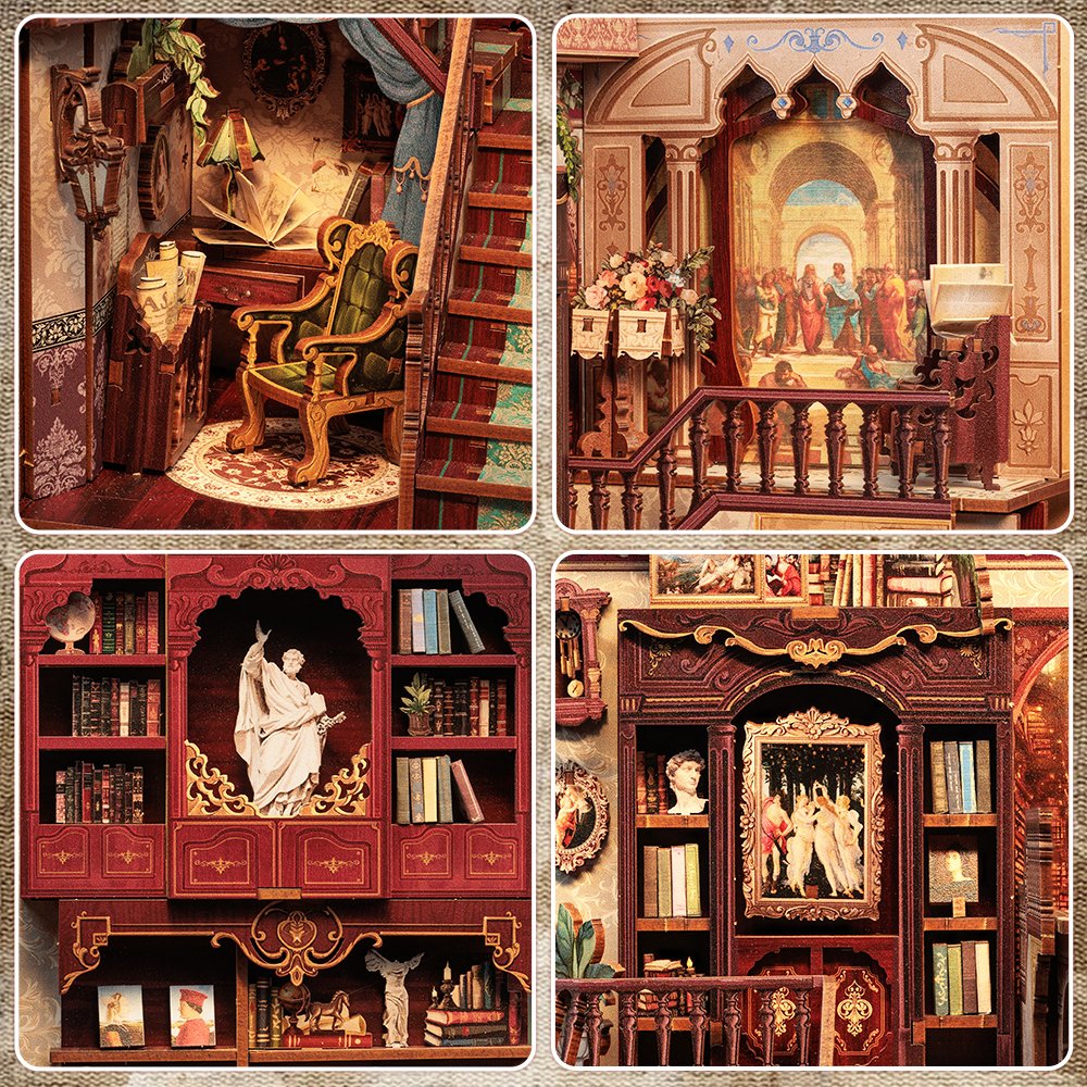 CuteBee New Style 3D Wooden Puzzle Bookshelf Exquisite Decoration Diy Assembled Book Nook with LED Night Light Bookend