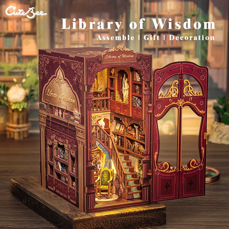 CuteBee New Style 3D Wooden Puzzle Bookshelf Exquisite Decoration Diy Assembled Book Nook with LED Night Light Bookend