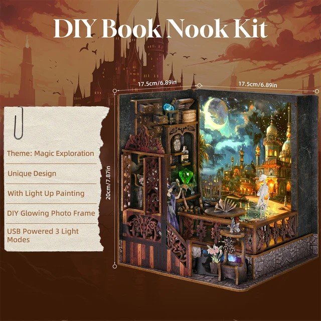 Aslowsnail Newest CH03 Magic Town Exploration Bookends 3D Book Nook Kit Puzzle DIY Book Nook with LED Light