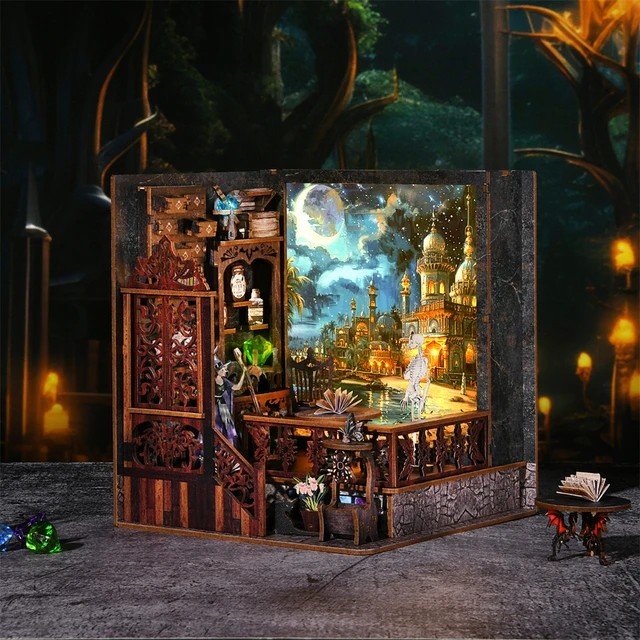 Aslowsnail Newest CH03 Magic Town Exploration Bookends 3D Book Nook Kit Puzzle DIY Book Nook with LED Light