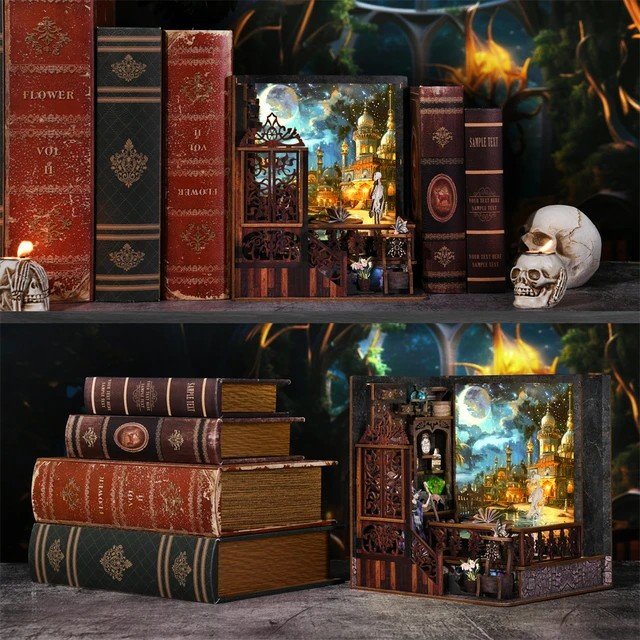 Aslowsnail Newest CH03 Magic Town Exploration Bookends 3D Book Nook Kit Puzzle DIY Book Nook with LED Light