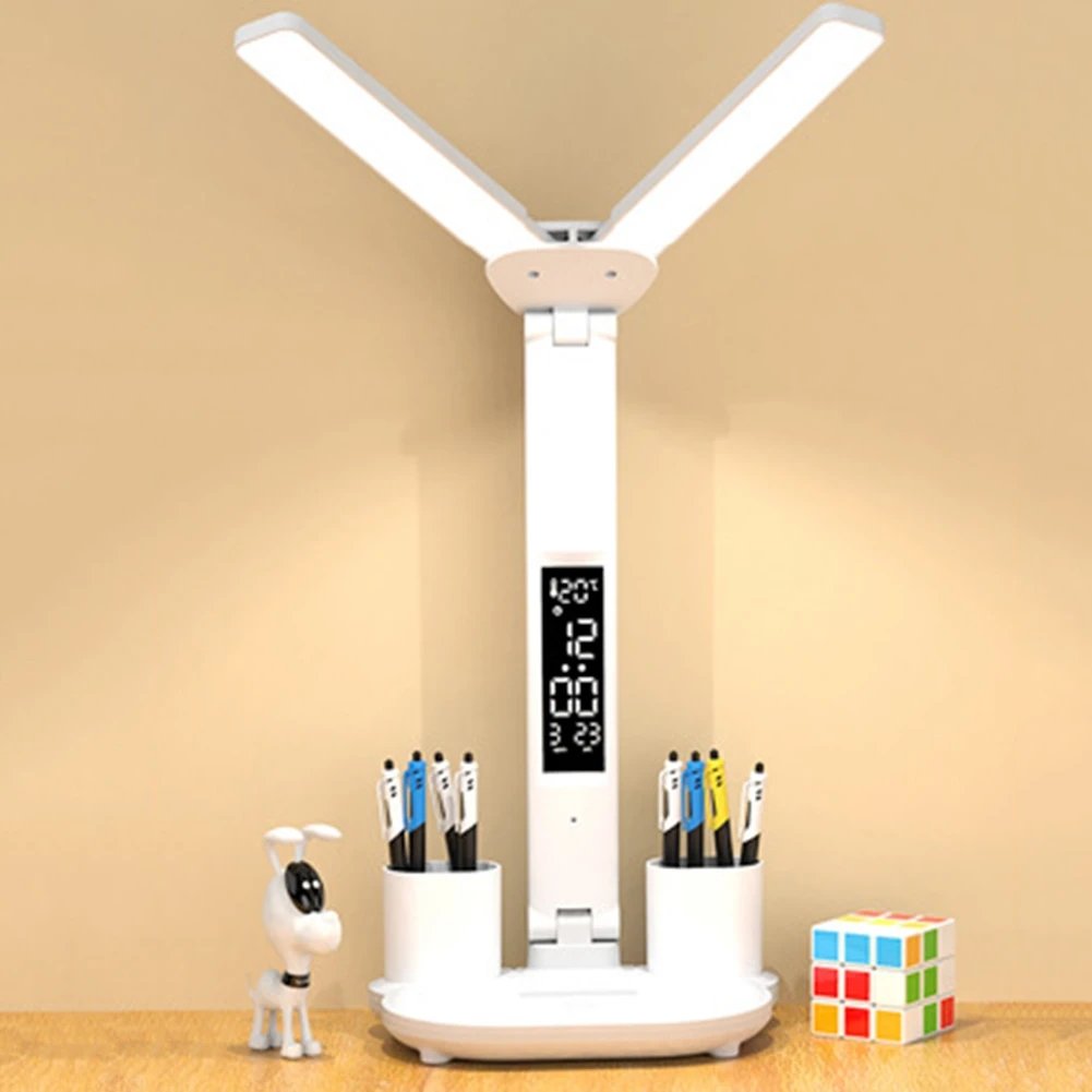 Double head USB Dimmable LED Desk Lamps Touch Foldable Table lights with Calendar Temperature Night Light for Study Reading Lamp