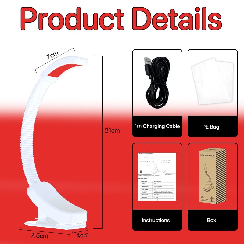 No Blue Light 660nm 3-Level Red Light Book Lamp Flexible Easy Clip Read Night Reading Lamp in Bed