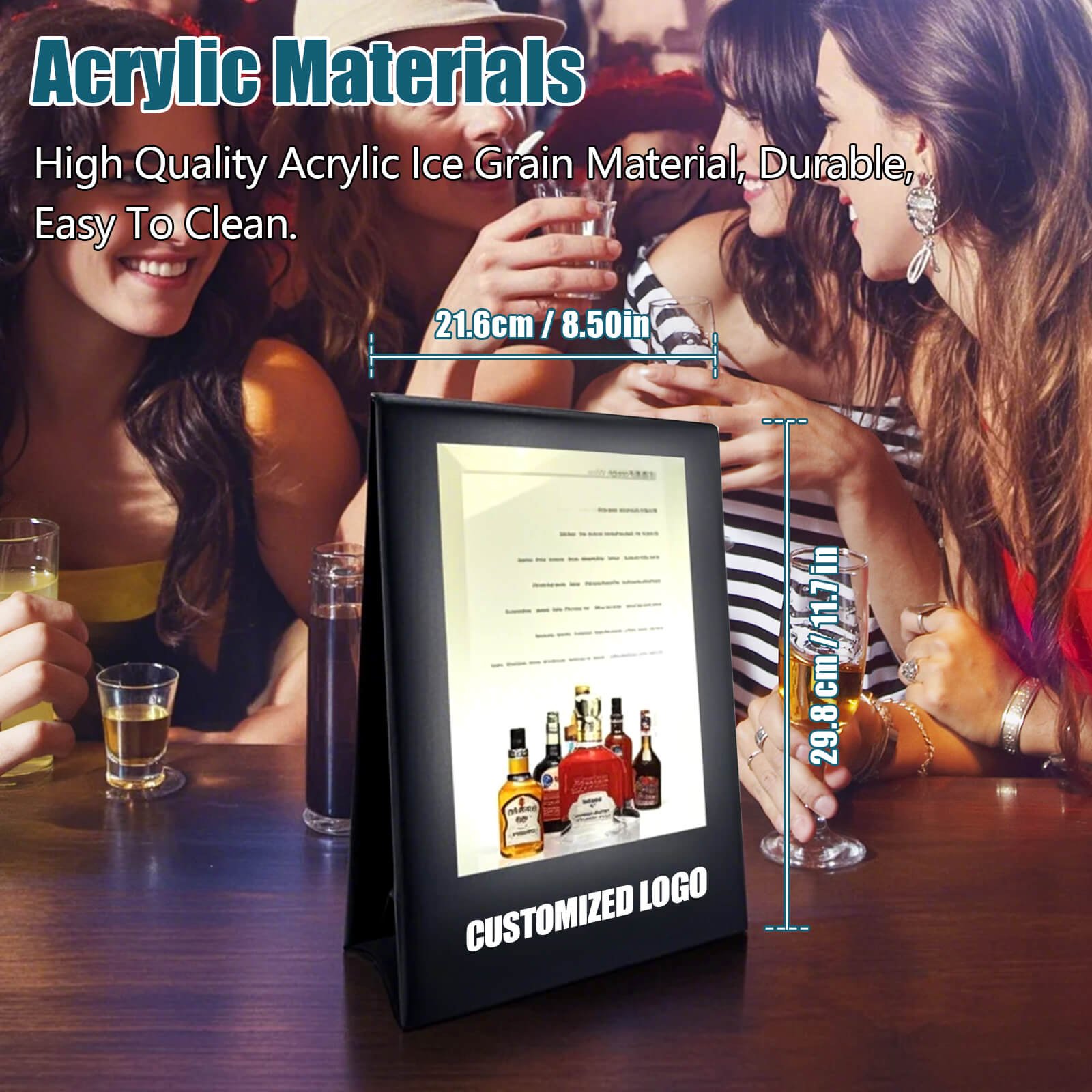 LED Menu Holder & Card Display - Light Up Acrylic Table Stand with Leather Covers for Restaurant Drinks & Menu Books