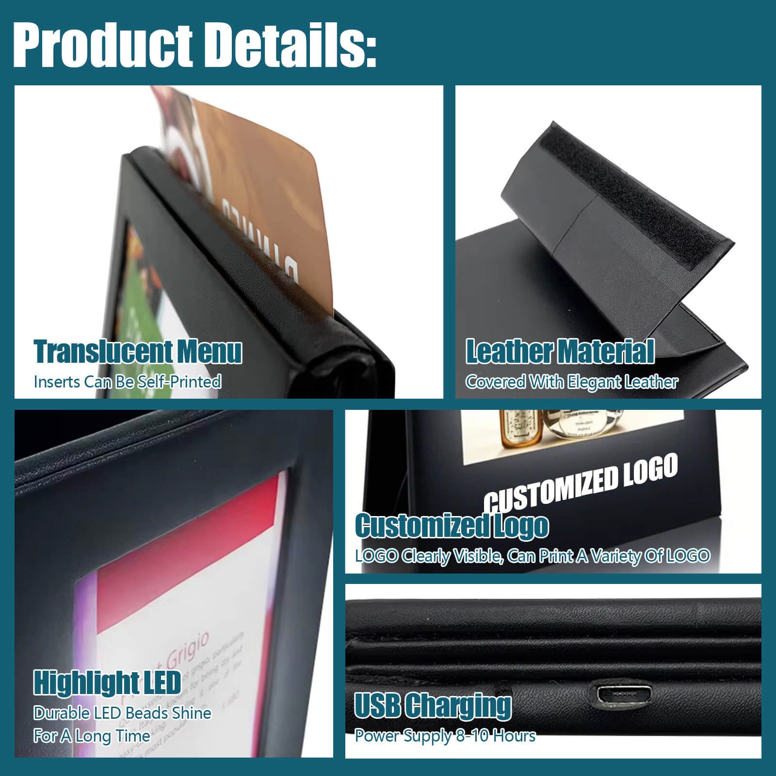 LED Menu Holder & Card Display - Light Up Acrylic Table Stand with Leather Covers for Restaurant Drinks & Menu Books