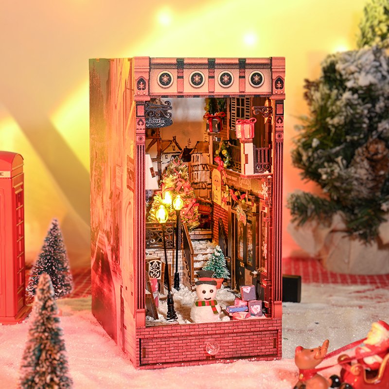 IIECREATE 3D Wooden Puzzle Christmas Promenade DIY Miniature House Wooden Assemble Toys Book Nook
