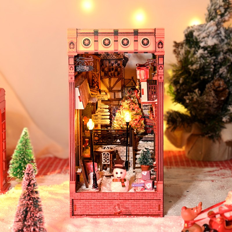 IIECREATE 3D Wooden Puzzle Christmas Promenade DIY Miniature House Wooden Assemble Toys Book Nook