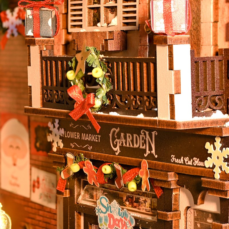 IIECREATE 3D Wooden Puzzle Christmas Promenade DIY Miniature House Wooden Assemble Toys Book Nook