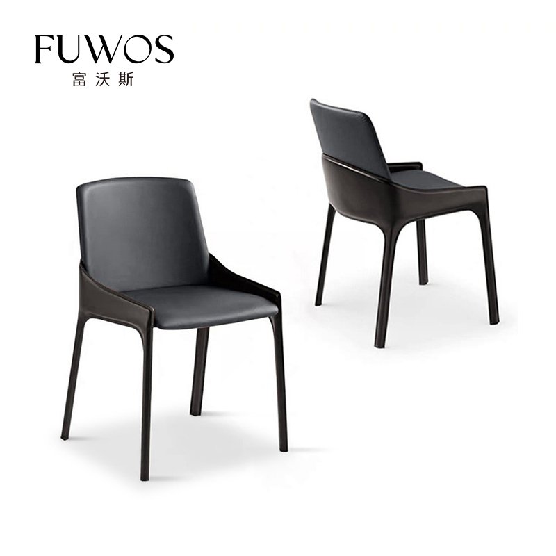 FUWOS Nordic modern minimalist first layer cowhide ash leather armrest high-end household solid wood dining room book chair