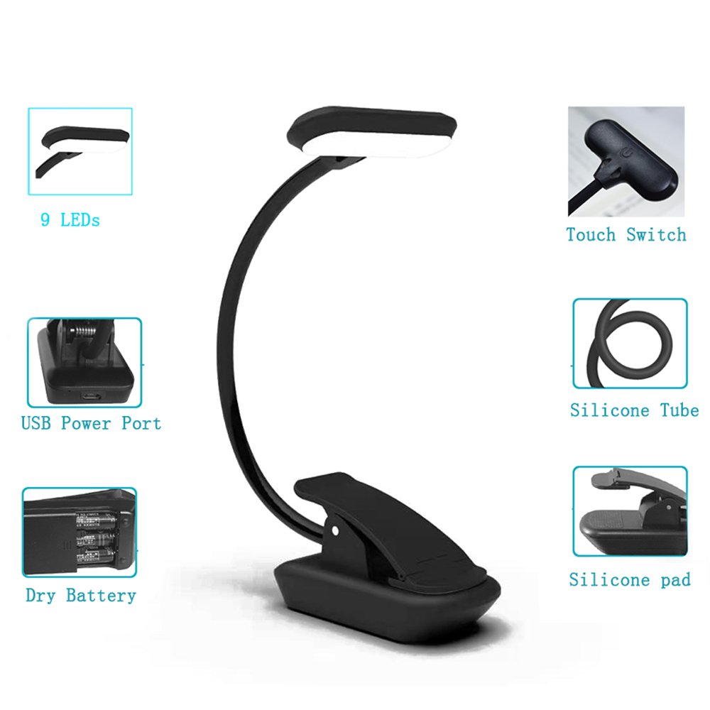 LED Book Reading Light AAA Dry Battery Powered or USB Cable Eye Care Clip on Book Lights Black Living Room Mini 9 LEDS 1.8 Watt