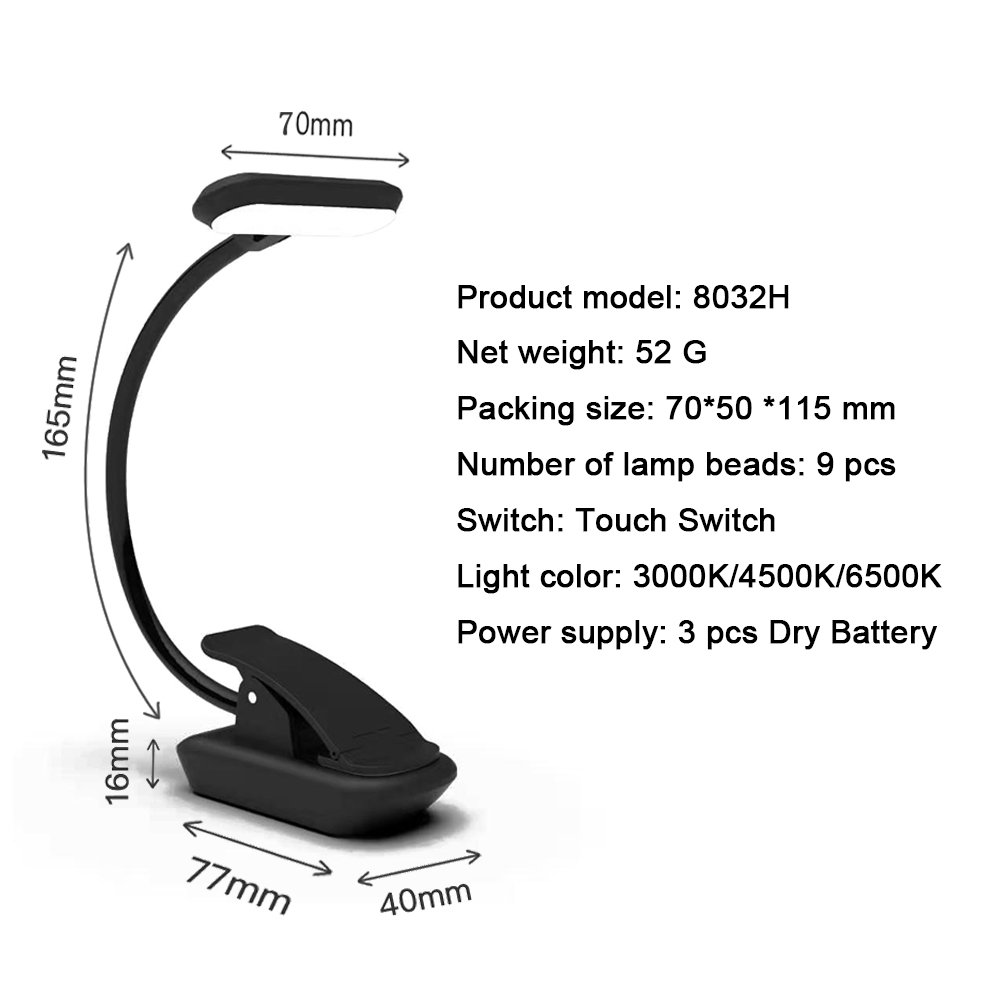 LED Book Reading Light AAA Dry Battery Powered or USB Cable Eye Care Clip on Book Lights Black Living Room Mini 9 LEDS 1.8 Watt