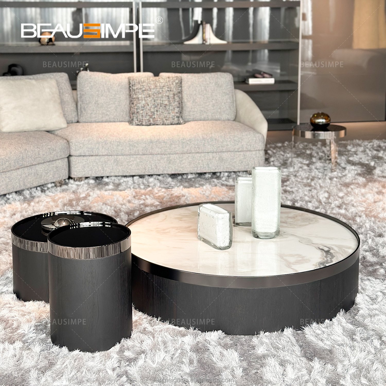 Bailly Console Table Luxury Light Wood Glass Marble Round Side Table Set Living Room Mid Century Modern Coffee Table