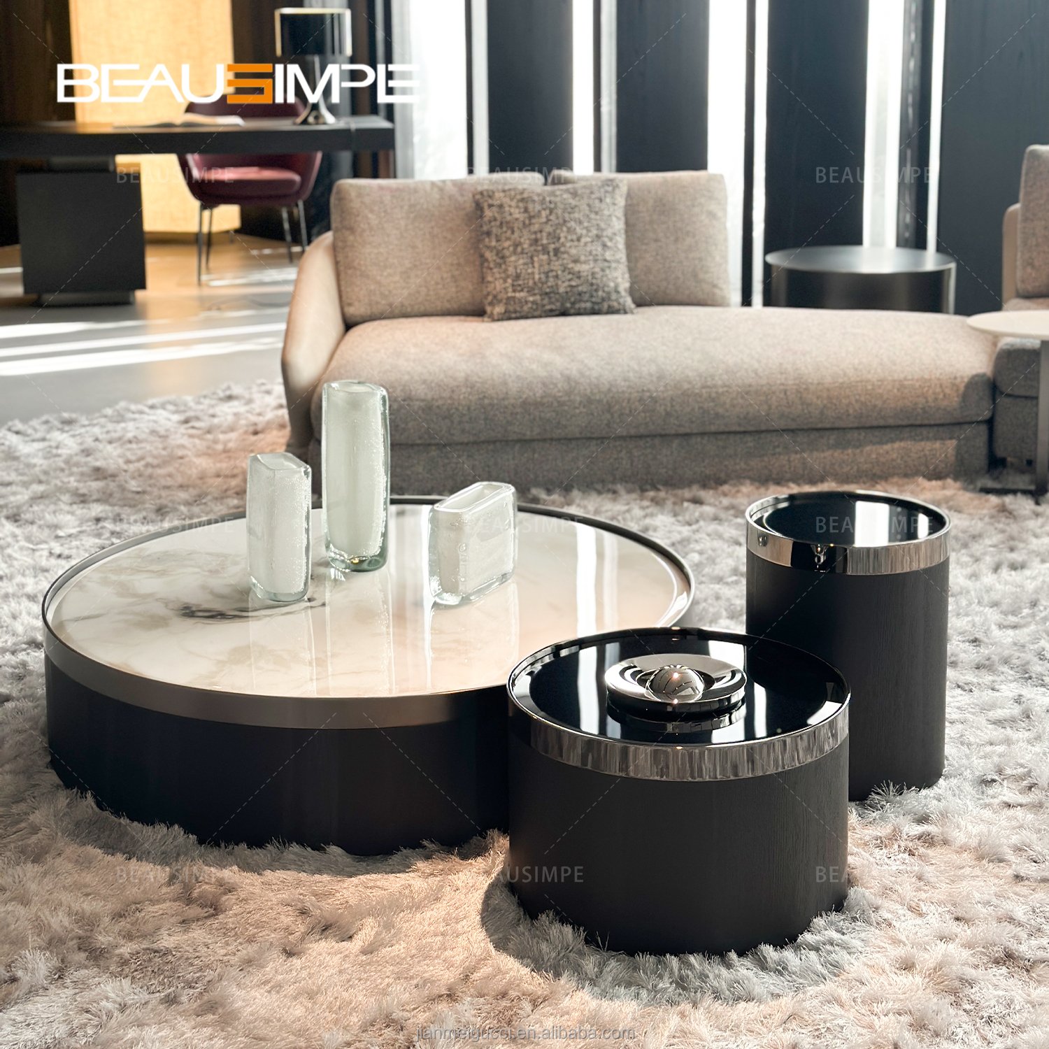 Bailly Console Table Luxury Light Wood Glass Marble Round Side Table Set Living Room Mid Century Modern Coffee Table