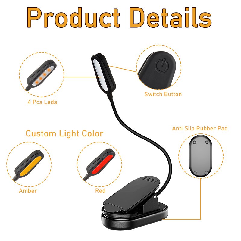 Clip on Foldable Smart Rechargeable Amber Reading led book light