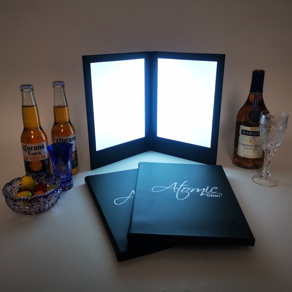 Custom Logo Nightclub Led Leather Menu Led Bar Drinking Menu Book 2 Views Illuminated Led Backlit Restaurant Menu Covers
