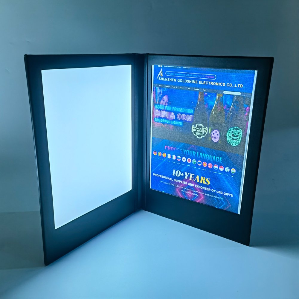 Custom Logo Nightclub Led Leather Menu Led Bar Drinking Menu Book 2 Views Illuminated Led Backlit Restaurant Menu Covers