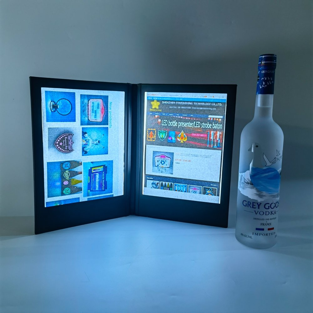 Custom Logo Nightclub Led Leather Menu Led Bar Drinking Menu Book 2 Views Illuminated Led Backlit Restaurant Menu Covers