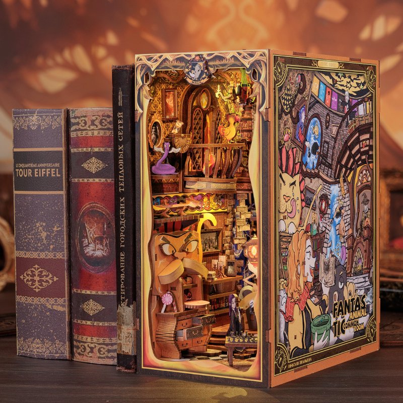 CuteBee DIY Craft Dollhouse Fantastic Animal Common Room Book Nook Kit With LED Night Light Use as Creative Gift Book Nook