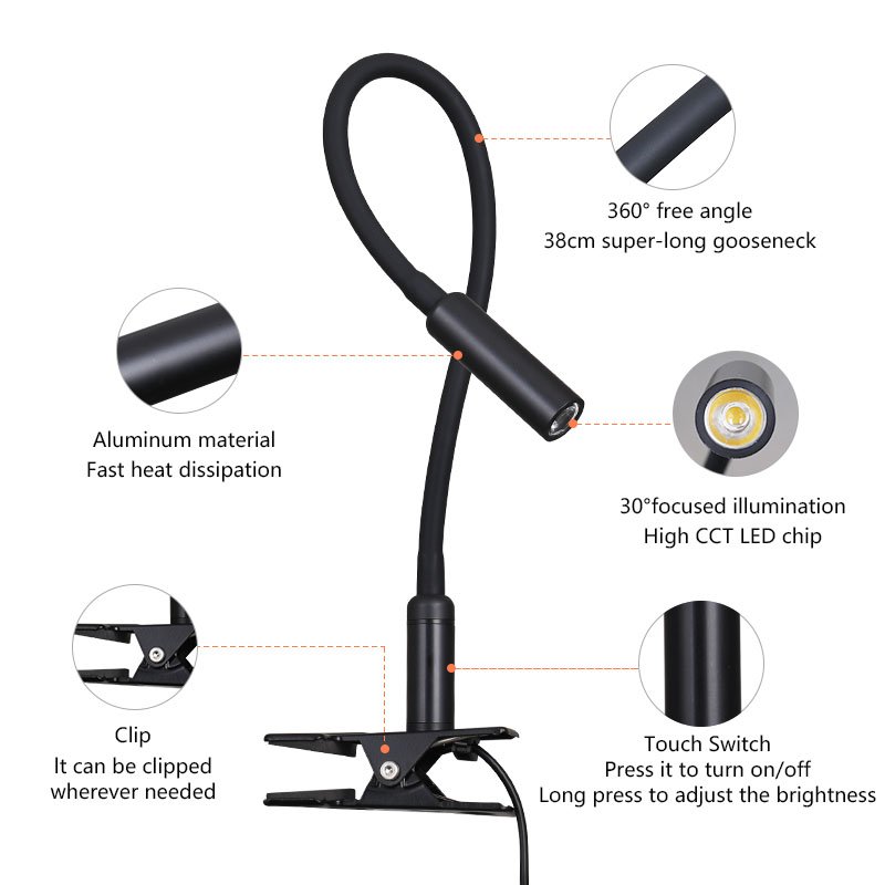 Adjustable LED Reading Lights With Goosenecks Clip-on Desk-light Dimming Book Lamp Reading Lamp in Bed Eye-friendly Night Light