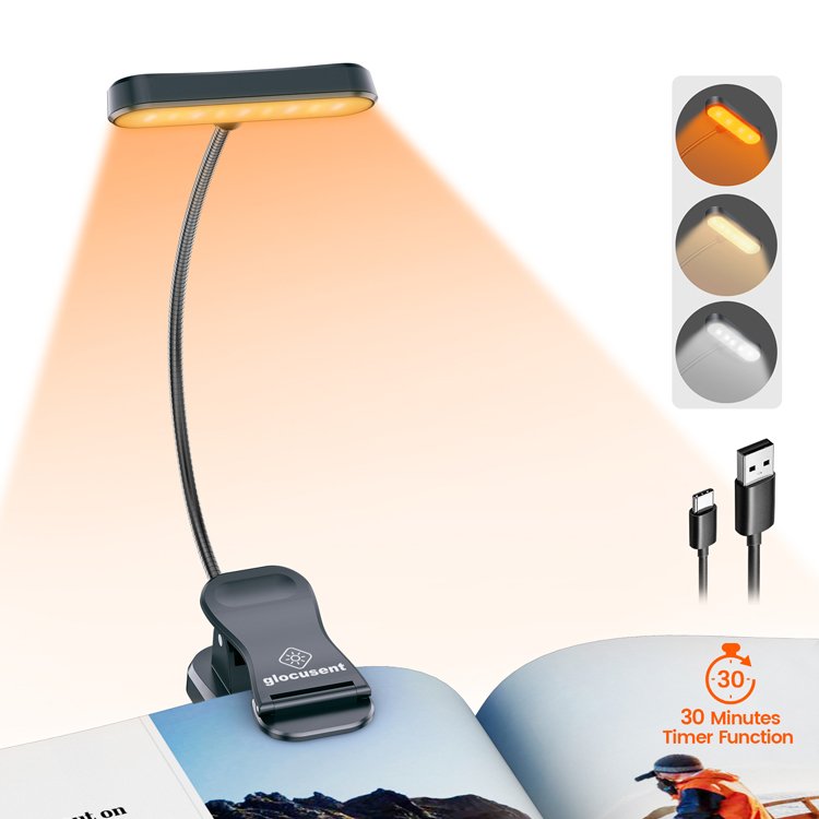 Glocusent Dimmable Amber Flexible Usb Rechargeable Led Clip On Book Reading Light For Reading In Bed