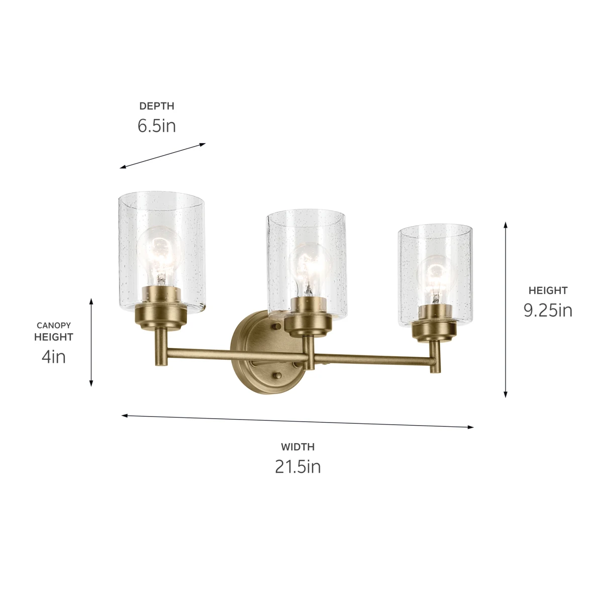 Industrial Vintage Bathroom Mirror Wall Lights Brushed Brass OEM 22" Wide Straight arms 3 Light E26 Seeded Glass Vanity lights