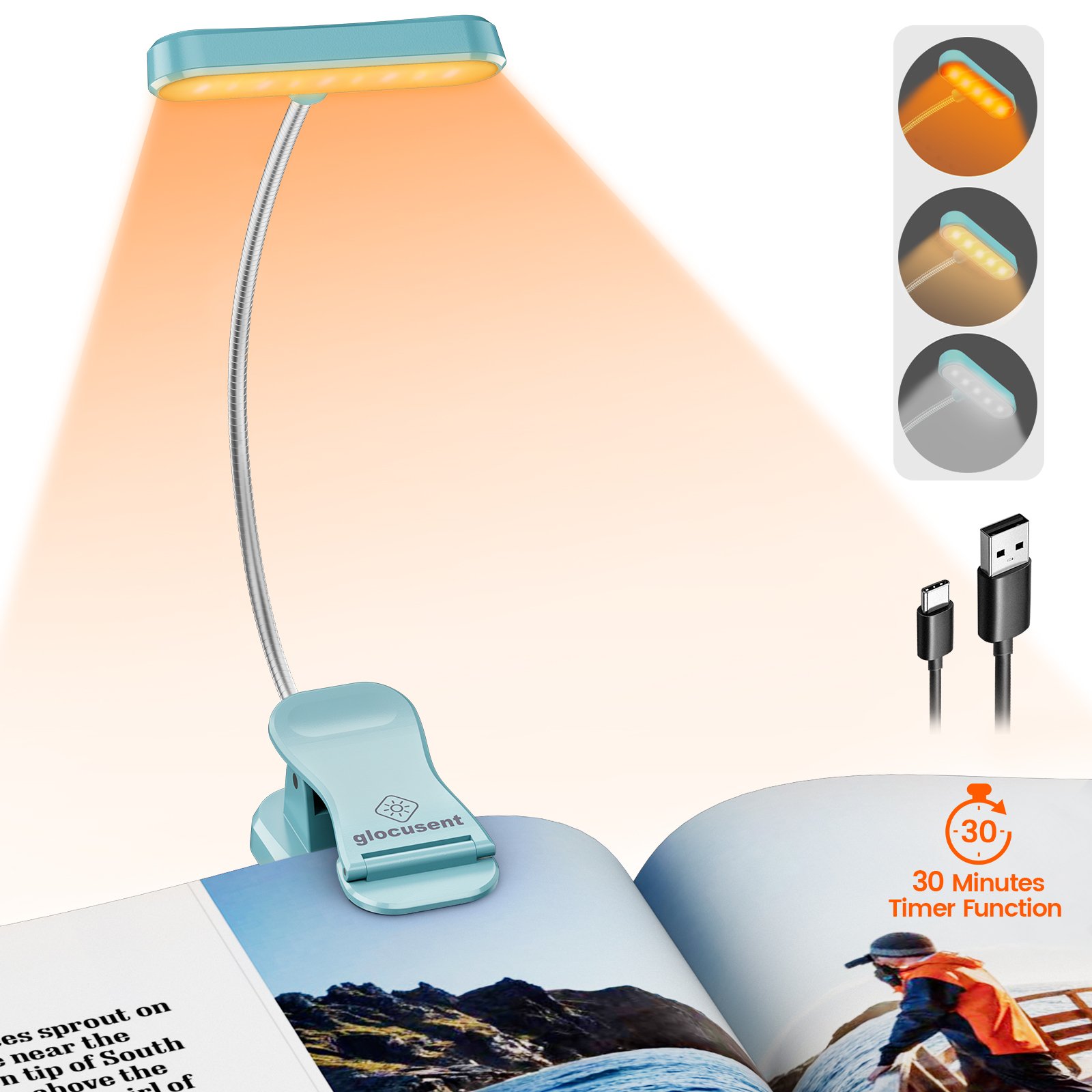 Natural/warm/amber wireless adjustable book reading light portable Led usb rechargeable reading clip on book light