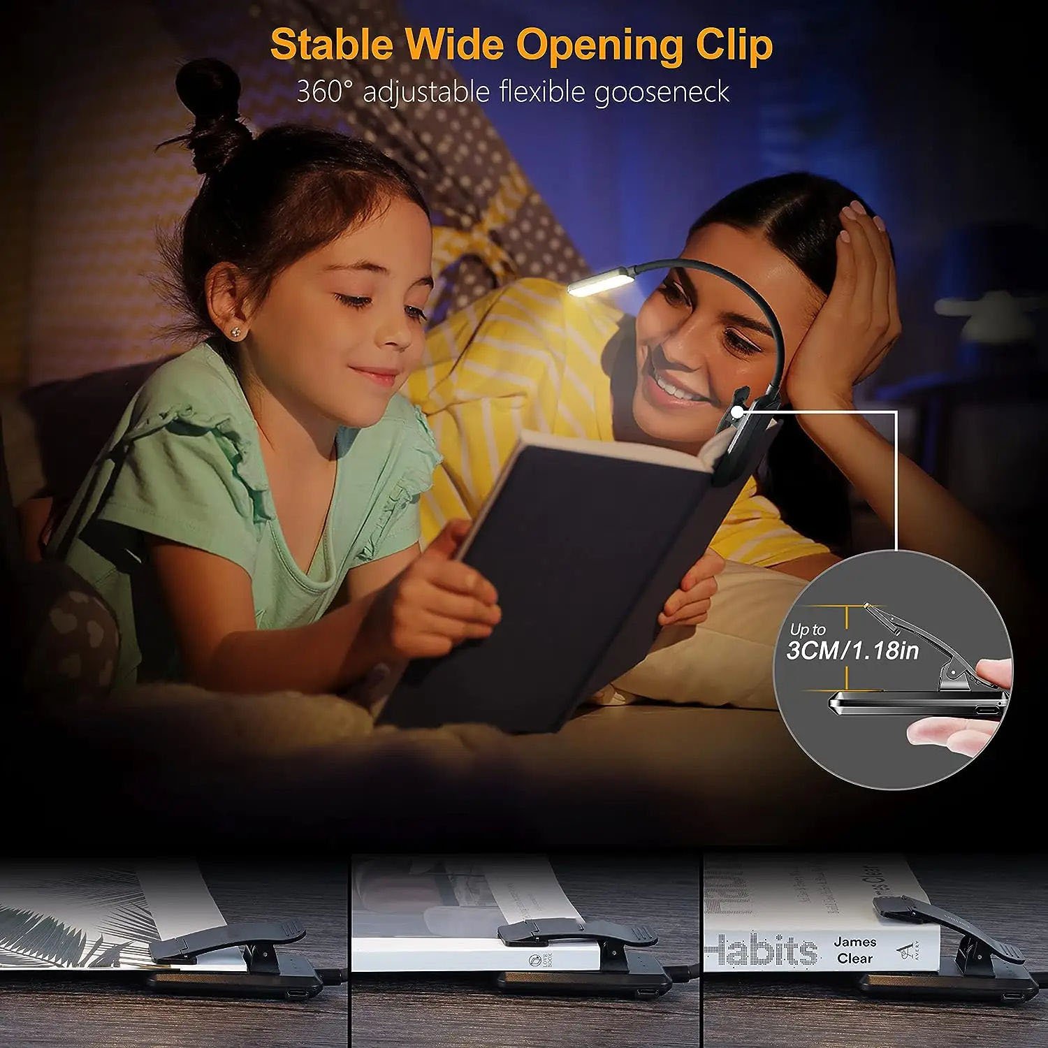 LED Rechargeable Book Light for Reading in Bed Eye Caring Color Temperatures Stepless Dimming Brightness