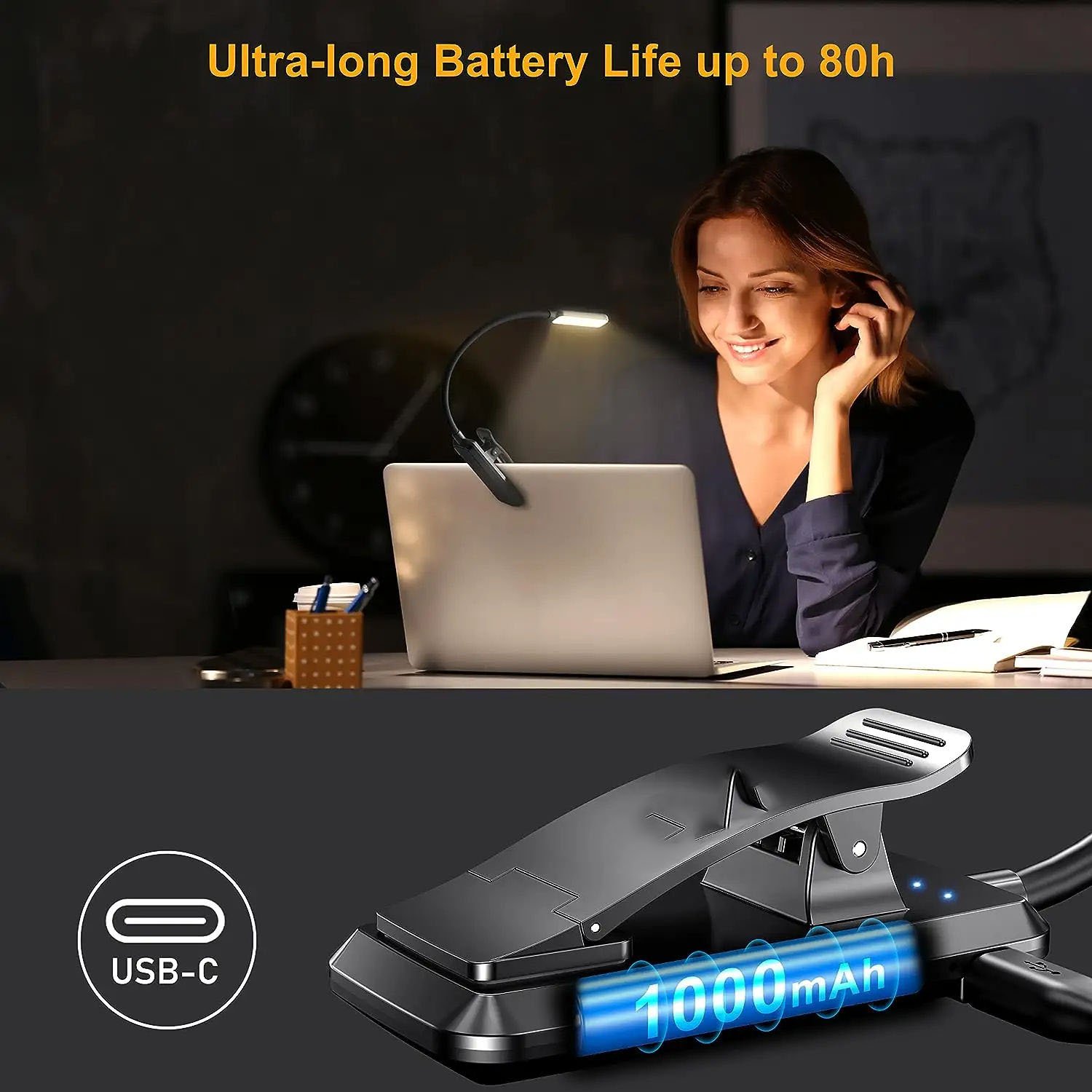 LED Rechargeable Book Light for Reading in Bed Eye Caring Color Temperatures Stepless Dimming Brightness